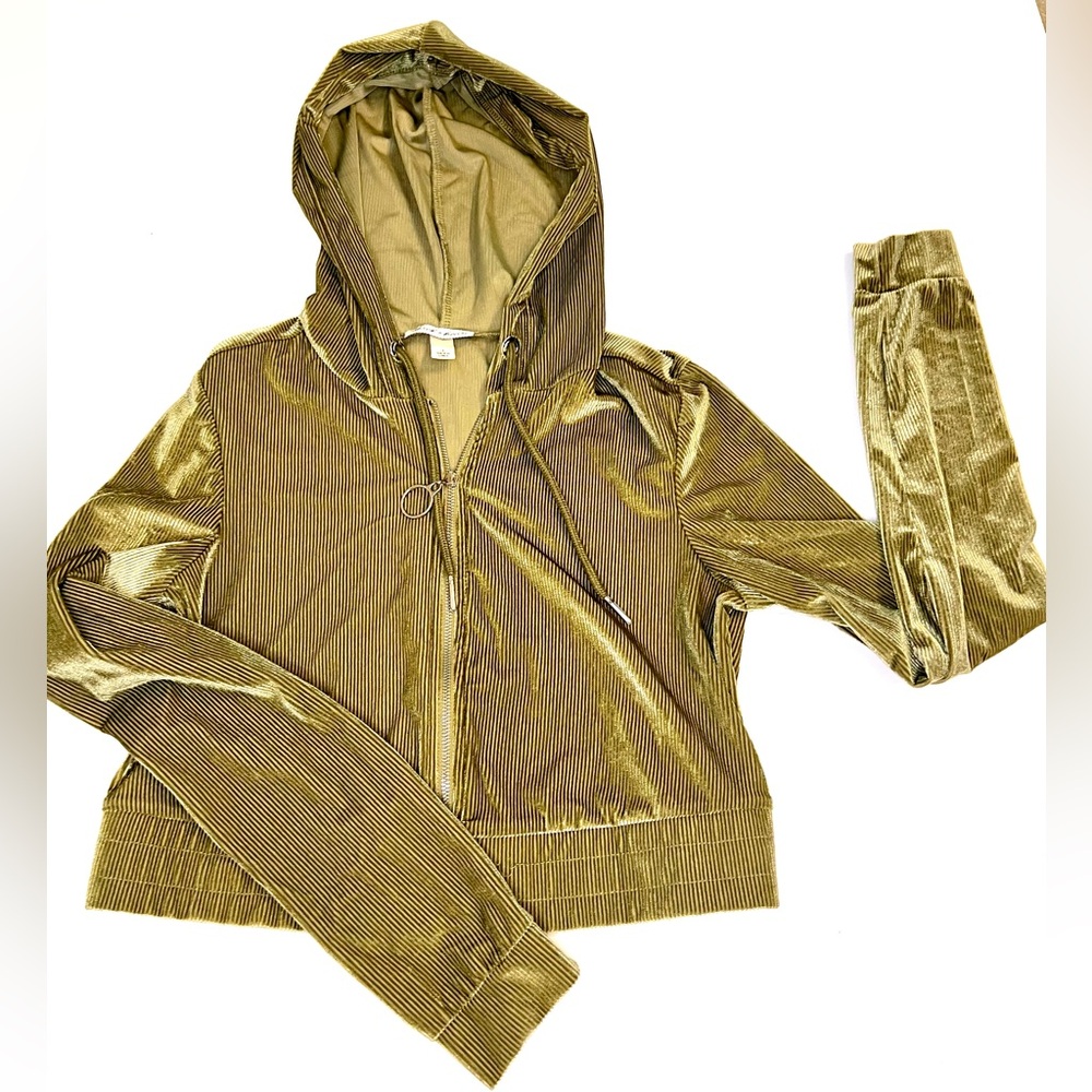 🎆3for$20 Metallic Cropped Y2K Zip-Up Jacket Green, Velour Like Striped Fabric